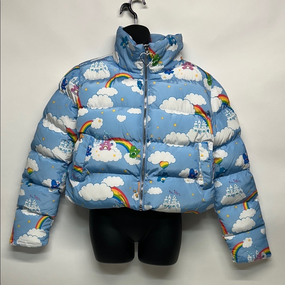 Dolls Kill Sky Blue Puffer Jacket Rainbow Clouds care Bears size small NWT